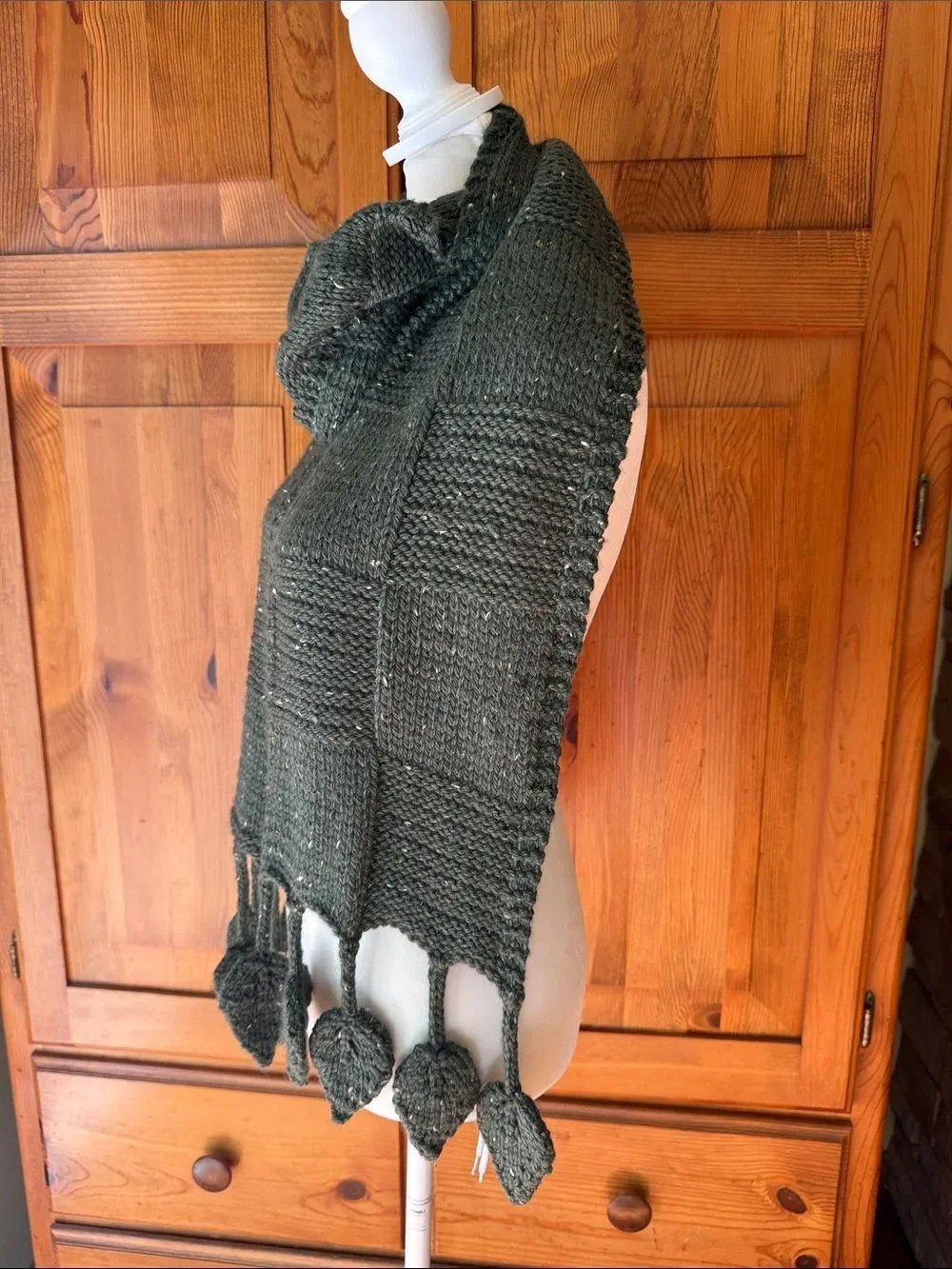 Handmade Dark Olive Knit Scarf with Leaf Tassels